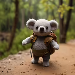 a stuffed bear with backpacks and a bush in background