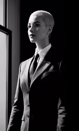 a black and white photo of a woman in a suit