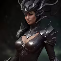 a woman in a black outfit with large horns and gloves