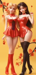 two beautiful women in dresses standing next to each other