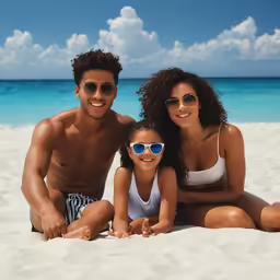 a man and woman and a girl sitting on a beach