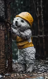 a dog in a yellow hat is in the woods