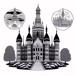 an old castle with several towers and a bridge,an ornate castle in the middle of nowhere