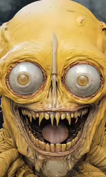 a weird looking yellow creature with big eyes