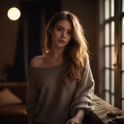 a young woman in a sweater looking into the camera