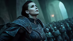 a woman in armor stands with her head turned to the side