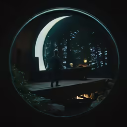 a man looks out at the night sky from an observation point