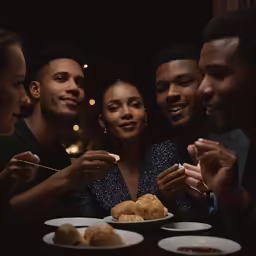 four people sitting at a dinner table in a restaurant