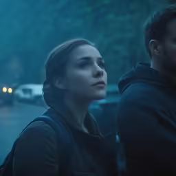 two people, one of them looking at something and the other a car