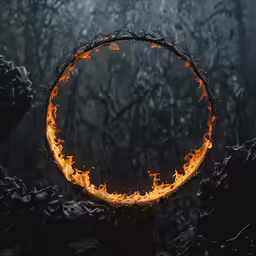 a fire ring is in the middle of some trees