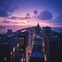 an aerial view of a city at night