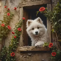 an adorable little white dog staring out a window