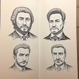 a sketched image of three men facing different directions,the three faces of men drawn in pencil,the three different drawings are in the open book,the characters from a movie are featured in this book,an open book with drawings of men with different facial expressions