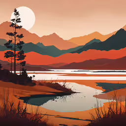 an orange landscape with some water and mountains,a sunset painting of some trees and mountains