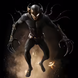 a man in a mask and a black outfit with horns