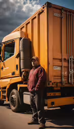 man posing next to large yellow truck for photo,a man standing next to a yellow dump truck