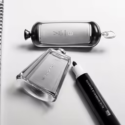 a bottle of ink, brush and lipstick on a table
