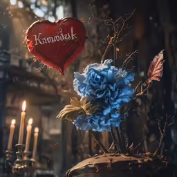 a bunch of blue flowers sit in front of a heart