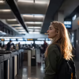 a woman standing at the airport in front of some baggage claim
