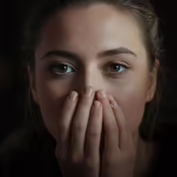 woman covering her mouth with her hands with one hand