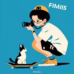 a poster with a woman, cat and skateboard
