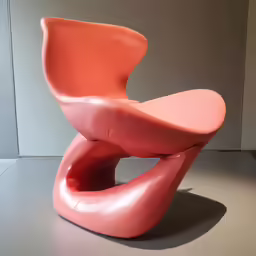 an orange chair with its arm out sitting on a grey surface