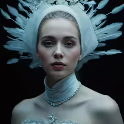 a girl in white clothing with some feathers on her head
