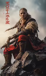 a man with a big, ornate helmet on his head sitting on rocks