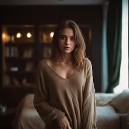 woman standing on bed in dark room staring directly into camera