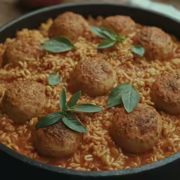 a skillet with meatballs, rice and garnished with herbs