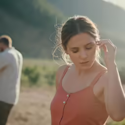 the woman in the tank top has her head pulled back