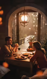 a man and a woman sitting at a table sharing a glass of wine