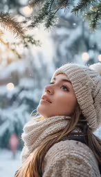 a woman standing near a tree wearing a white hat and scarf