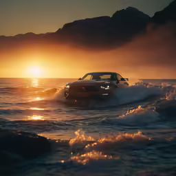 the car is driving through the water