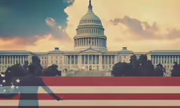 the united states capitol building behind an american flag