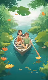 two people in a row boat on a small lake