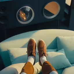 a person is resting their legs on a sofa