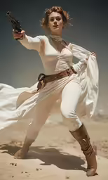 a beautiful woman holding a gun while wearing white
