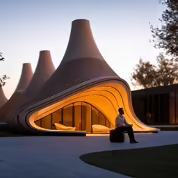a man sitting down in front of a building