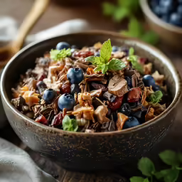 a bowl filled with blueberries, almonds and other cereals