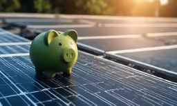 green piggy bank laying on top of solar panel