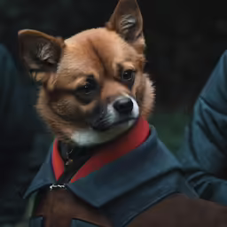 a small dog wearing a coat and red collar