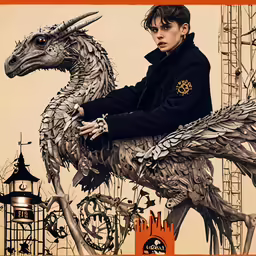a boy rides a dragon as he looks on