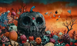 the skeleton has red eyes and many other odd creatures