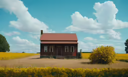an old house sits in a field with a tree and a sky background