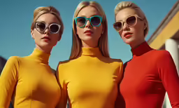 three women wearing bright yellow and red are posed together