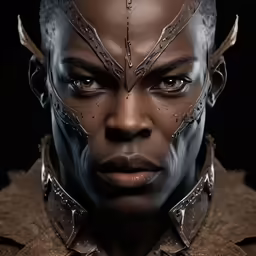 a man wearing metallic gear and earrings
