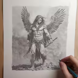 a drawing of a man with big wings