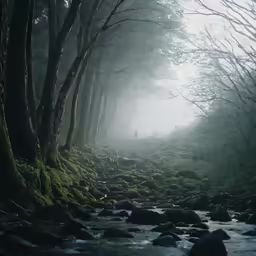 some trees and water and rocks near them