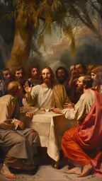 the last supper by thomas tis painting,a painting of jesus eating food at a table